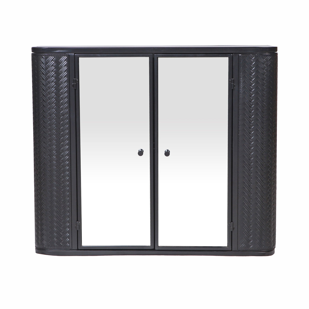 Black Wall-Mounted Bathroom Cabinet with Mirror, 2 Mirrored Doors & Open Shelf