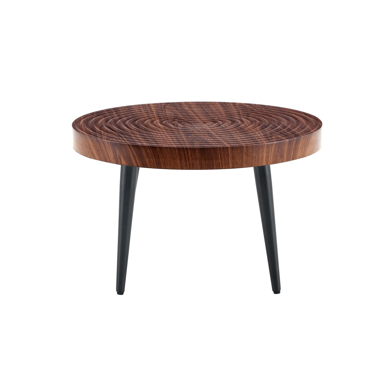 Modern Round Coffee Table - Walnut Pattern MDF And Black Metal Legs