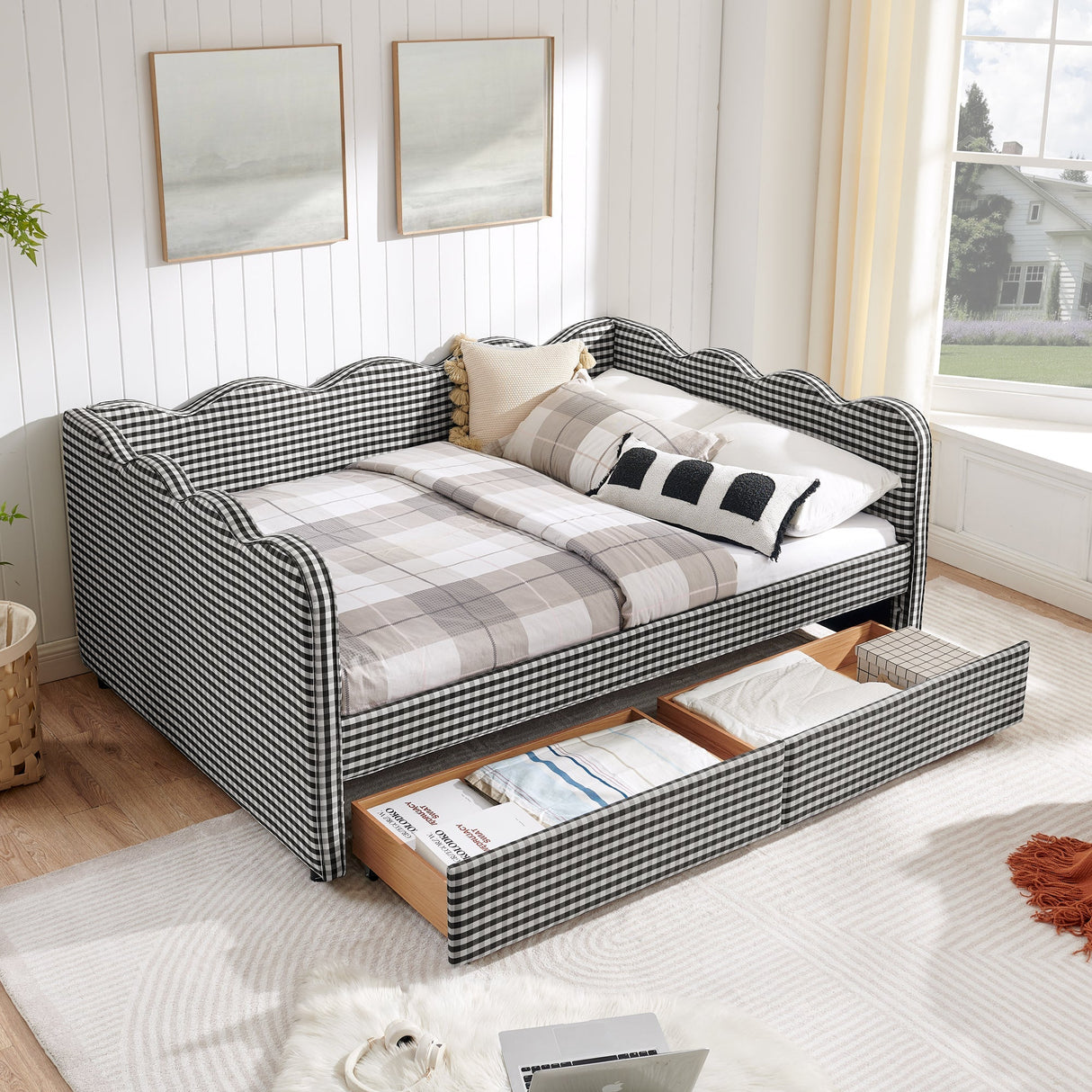 Full Size Cozy Gingham Daybed with Two Storage Drawers, with USB Port and Adorable Wave Shaped, Linen Fabric