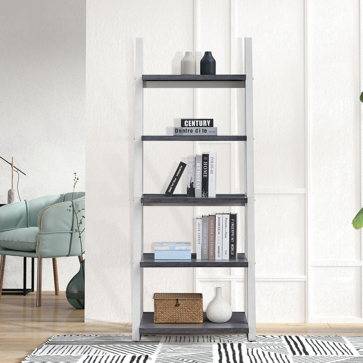 5-Tier Ladder Shelf with Rubber Wood Frame