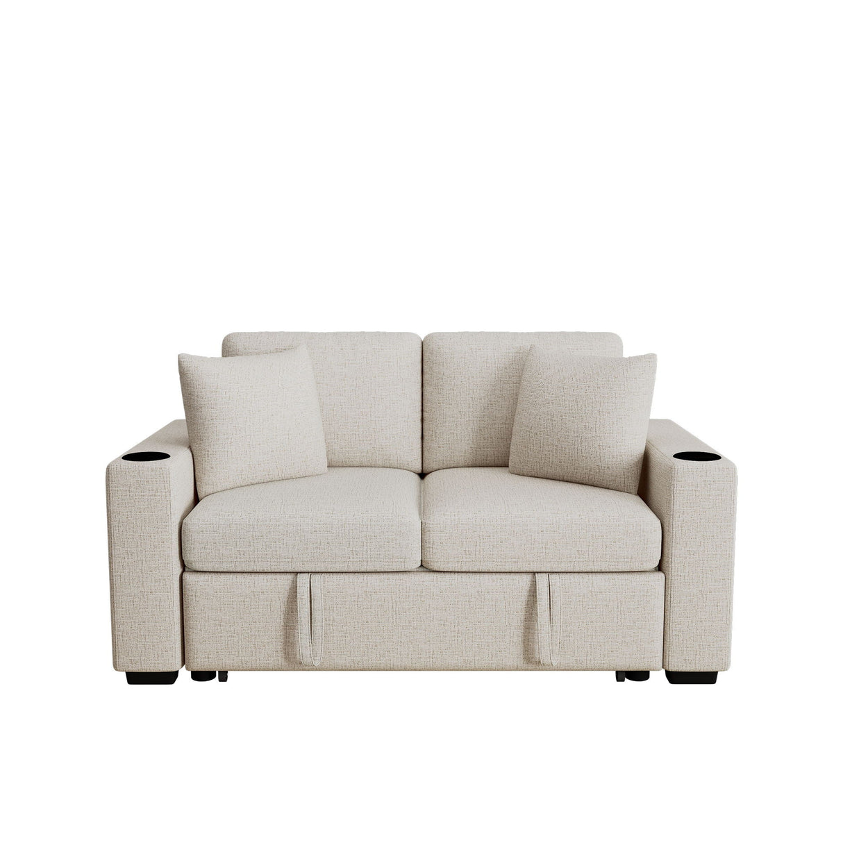 Modern 2 Seater Loveseat Sofa With Pull-Out Bed, Fabric, USB Ports & Cup Holders