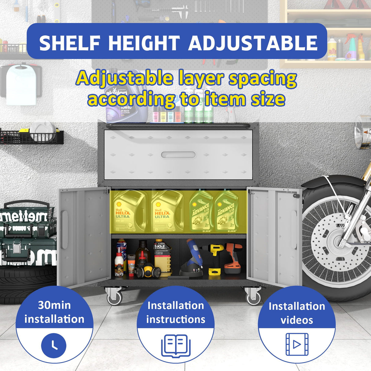 Sturdy And Durable Metal Tool Cabinet For Garage With Wheels Mobile Heavy Duty Storage Cabinet With 1 Drawer And 2 Locking Doors