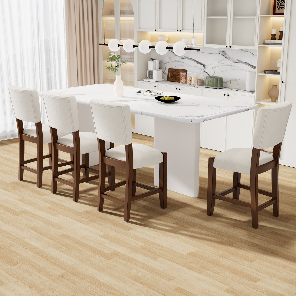 Set of 4 Mid-Century Modern Bar Stools, 40 in Linen Upholstered Counter Chairs with Rubber Wood Legs, Off White