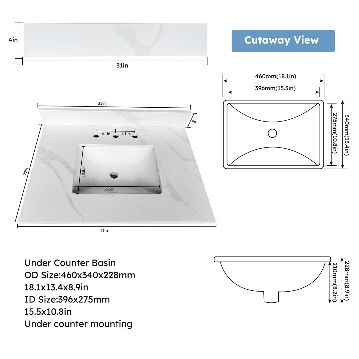 31-Inch Quartz Bathroom Vanity Top