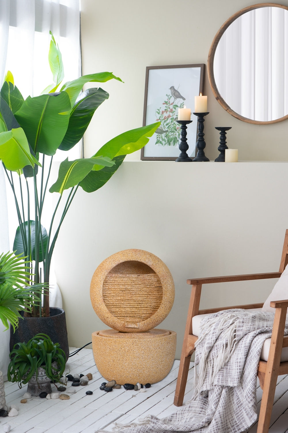 21.7x21.7x34.3 Inch Cement Round Water Fountain with Light and Pump