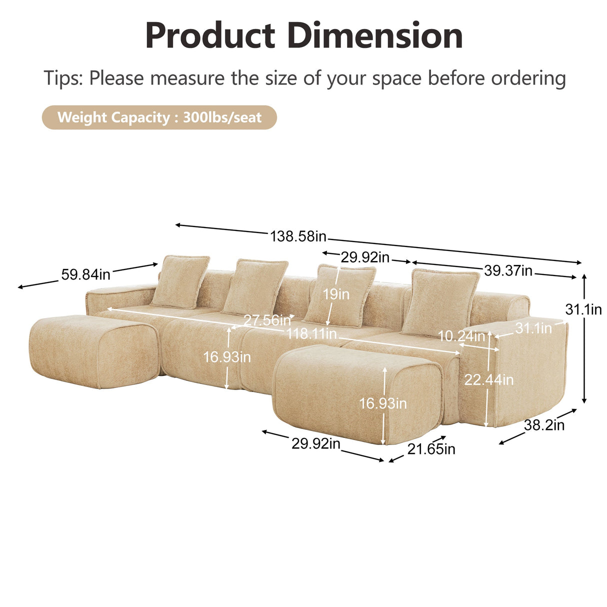 Streamlined Design Modular 4 Seat U Shape Sectional Sofa