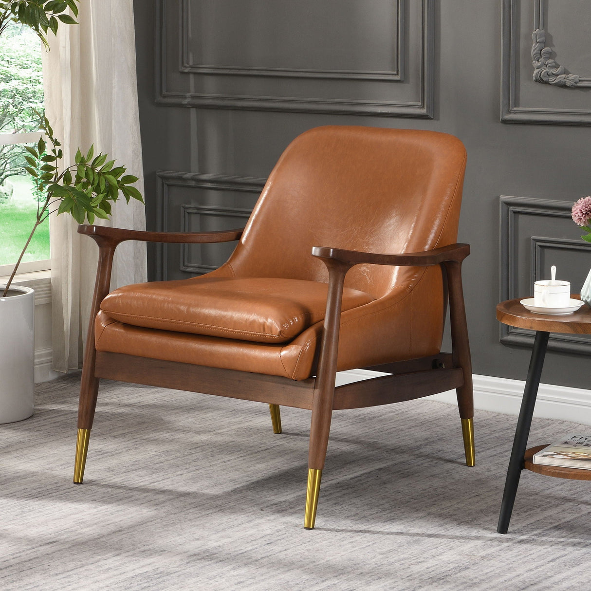 Mid-Century Accent Chair With Cushioned Seat, Brass Tipped Legs
