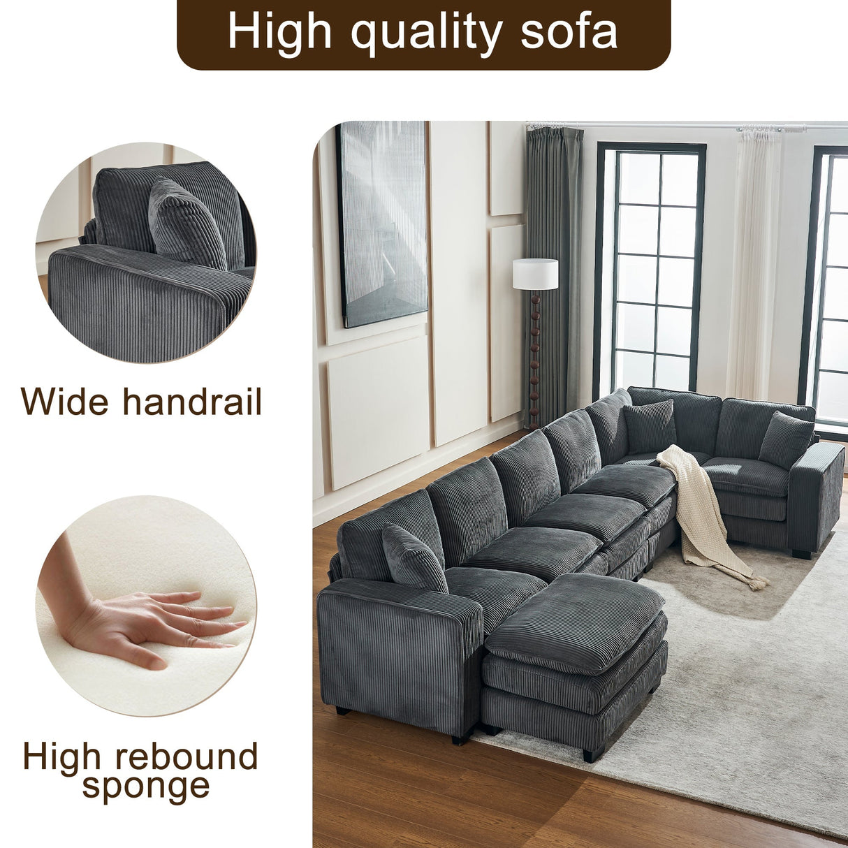 Modern U Shaped 6-Seat Sectional Sofa Couch with Ottoman
