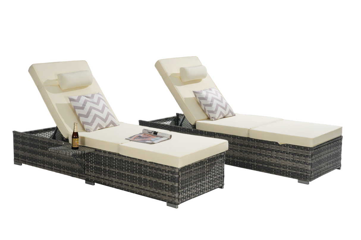 Outdoor Chaise Lounge Chair Set of 2 with Storage Patio Pool Chairs Tanning Lounges for Outside,Beach Rattan Recliners with Adjustable Backrest, Table, Cushion for Poolside Backyard Garden