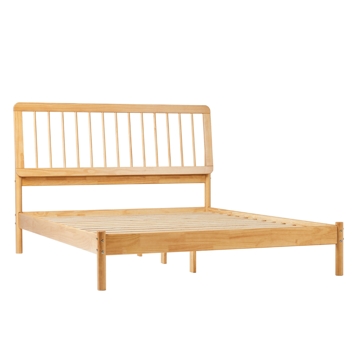 Mid-century modern solid wood queen spindle bed – natural pine