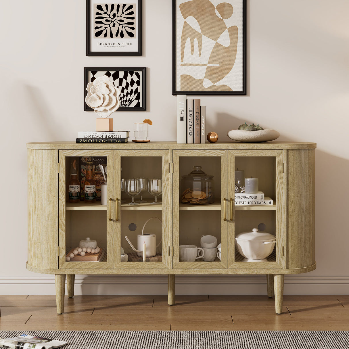 Wood Buffet Cabinet with Glass Doors and Adjustable Shelves