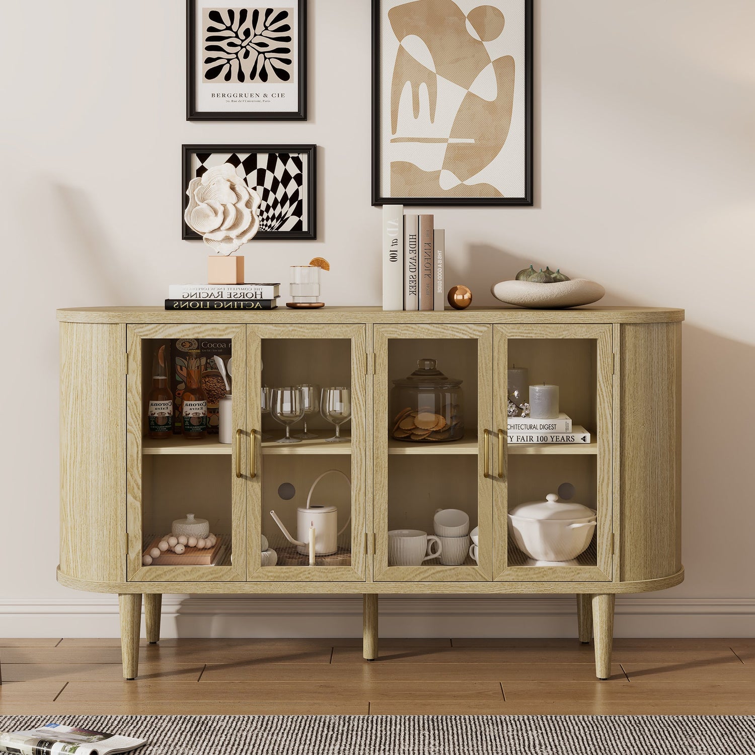 Wood Buffet Cabinet with Glass Doors and Adjustable Shelves