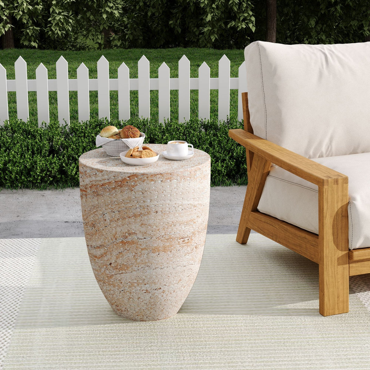 Outdoor / Indoor Lightweight Concrete Side Table, Travertine - Beige