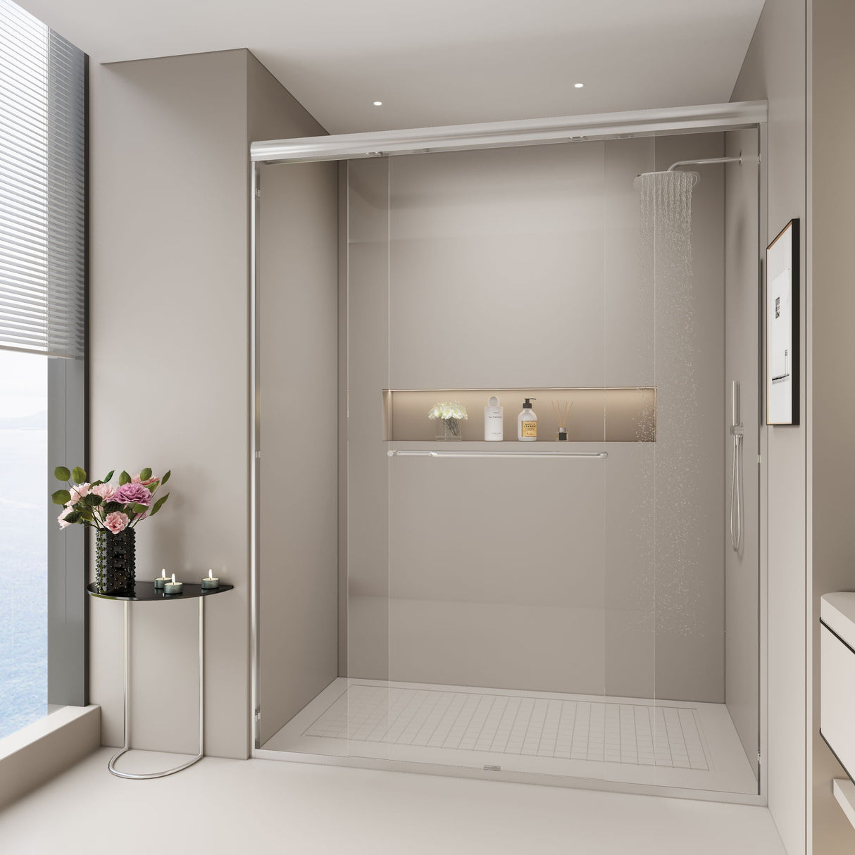 Double Sliding Semi-Frameless Shower Door with Tempered Glass