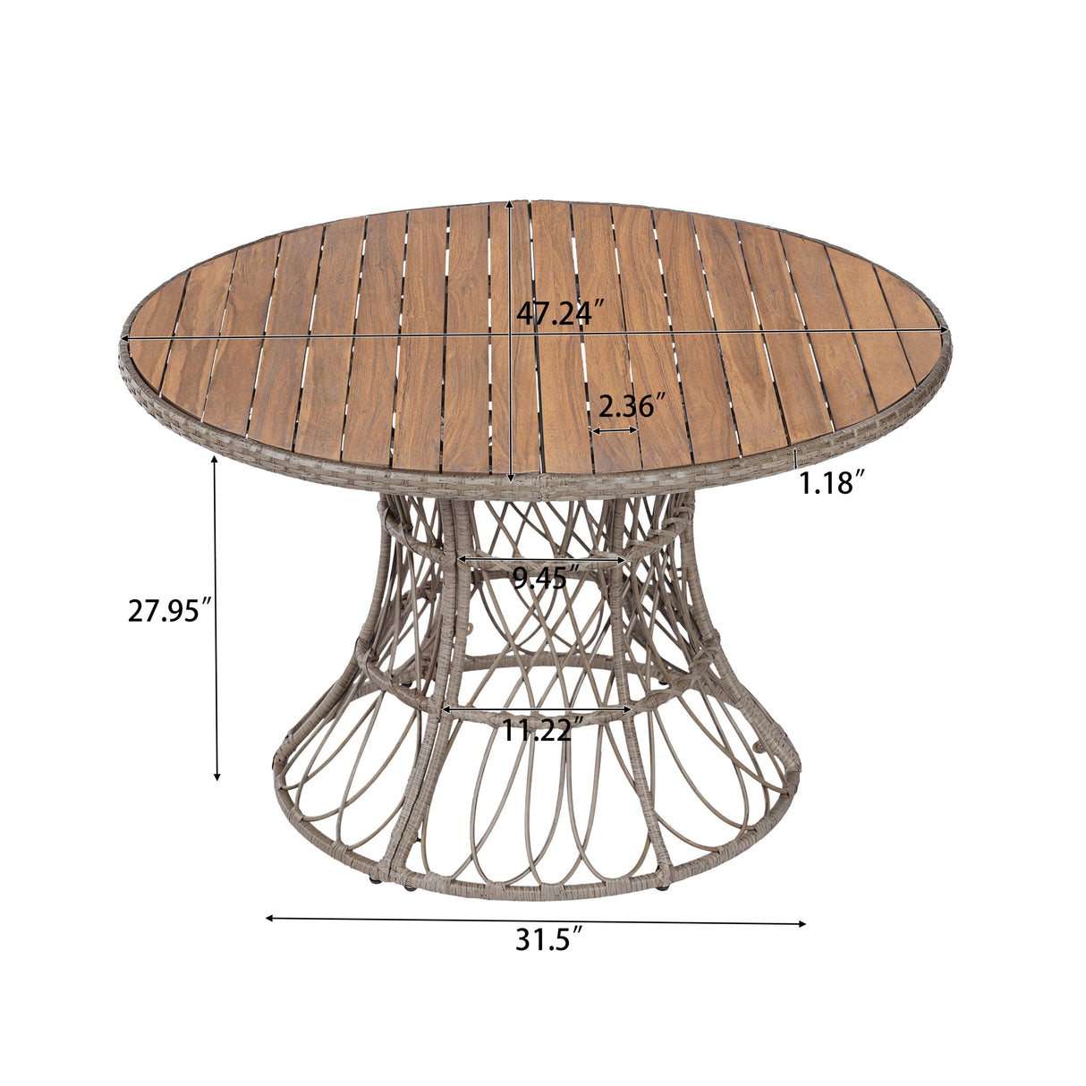 5-Piece Outdoor Dining Set: Brown Round Acacia Wood Table & 4 Brown Wicker Armchairs