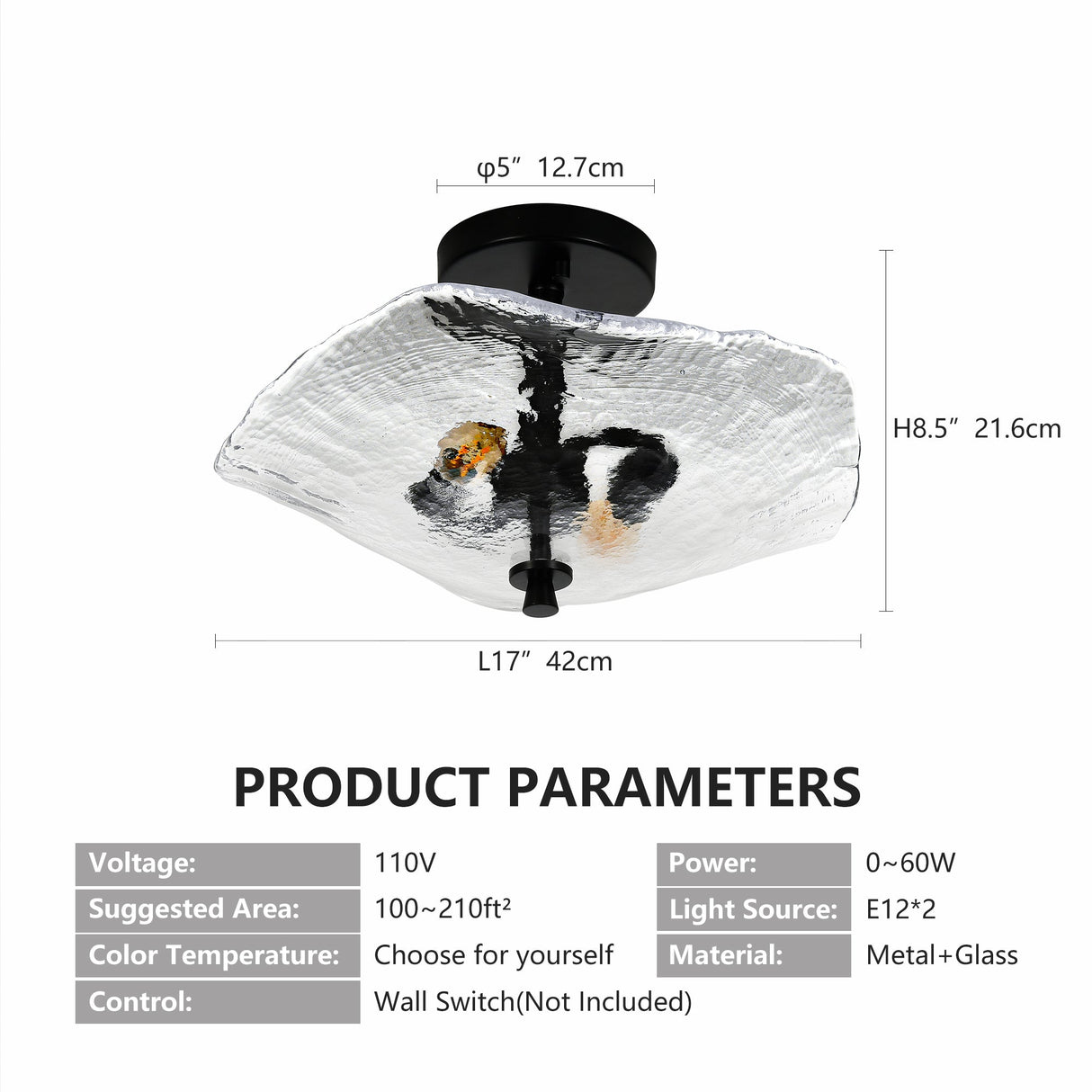 Ceiling Light Fixtures Flush Mount Indoor Outdoor Ceiling Light with Water Ripple Glass Shade for Hallway Kitchen Bedroom Porch Living Room(Black)