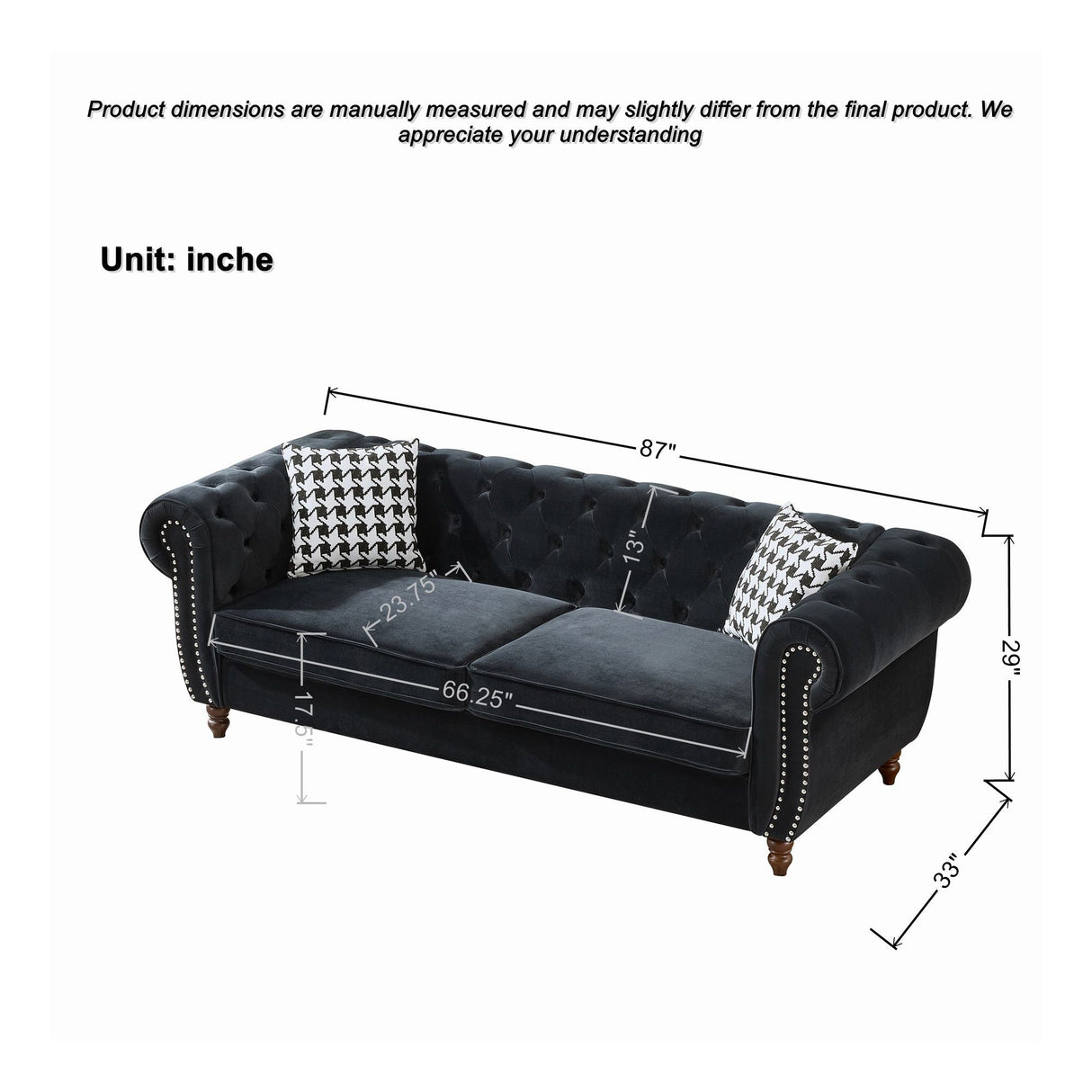 Chesterfield Upholstery Fabric Sofa With Roll Armrest & Nailhead, Mid Century Modern 3 And 3 Seater Couch