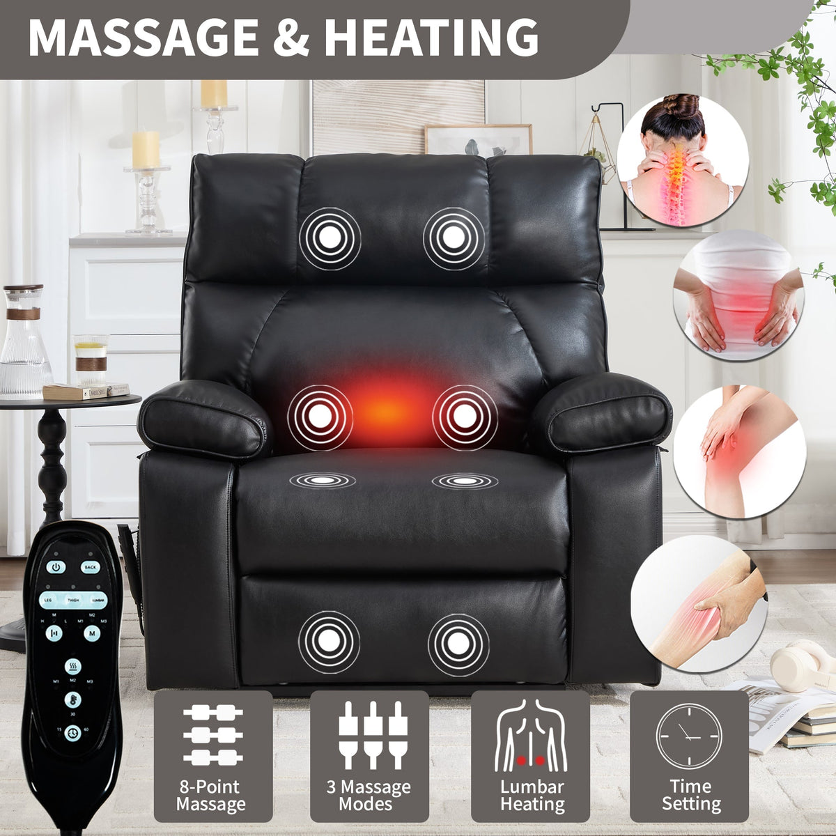 Black Leatheraire Heat Massage Recliner with Lumbar Heat - Black