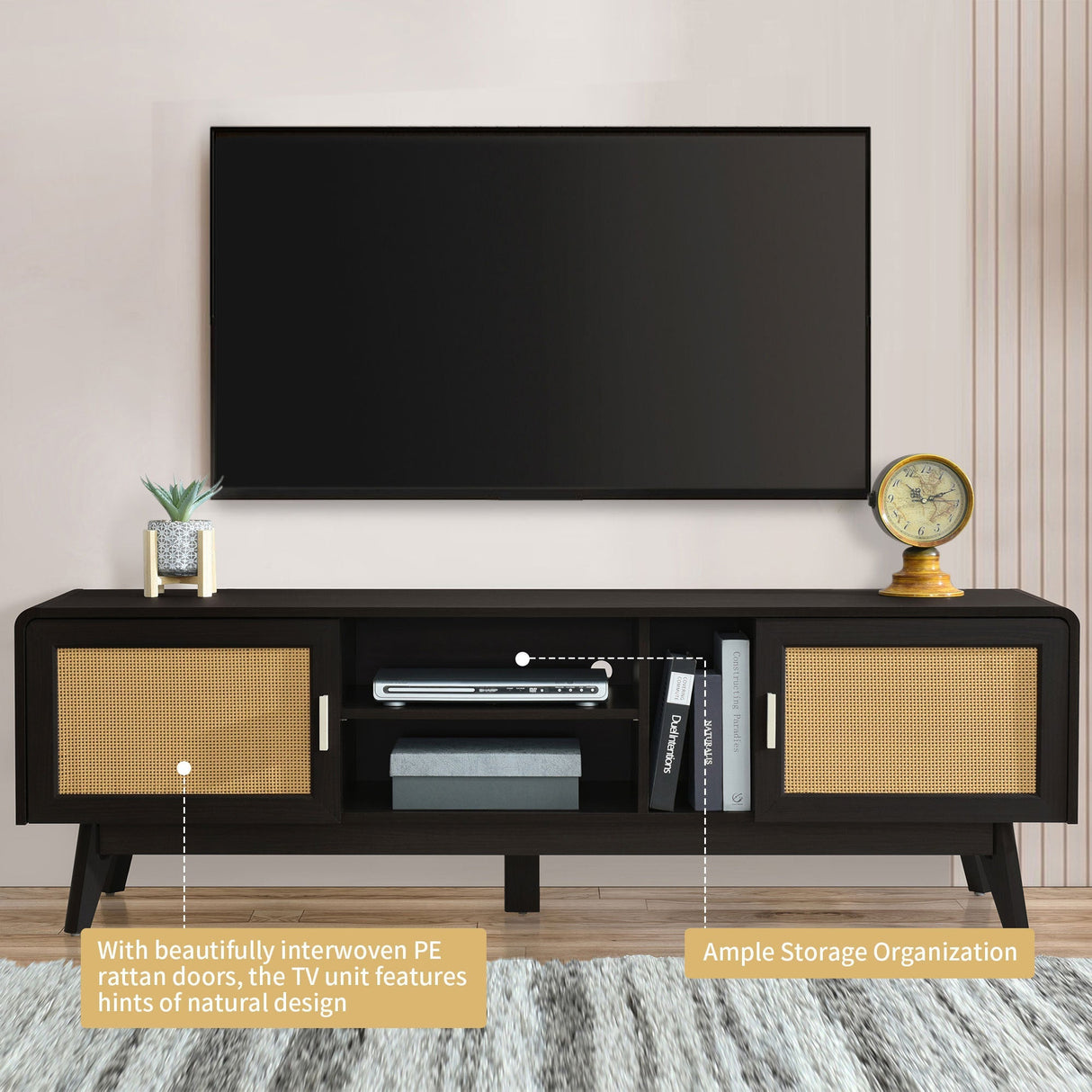 63'' Dark Rattan TV Stand with 2 Storage Cabinets and Solid Wood Legs