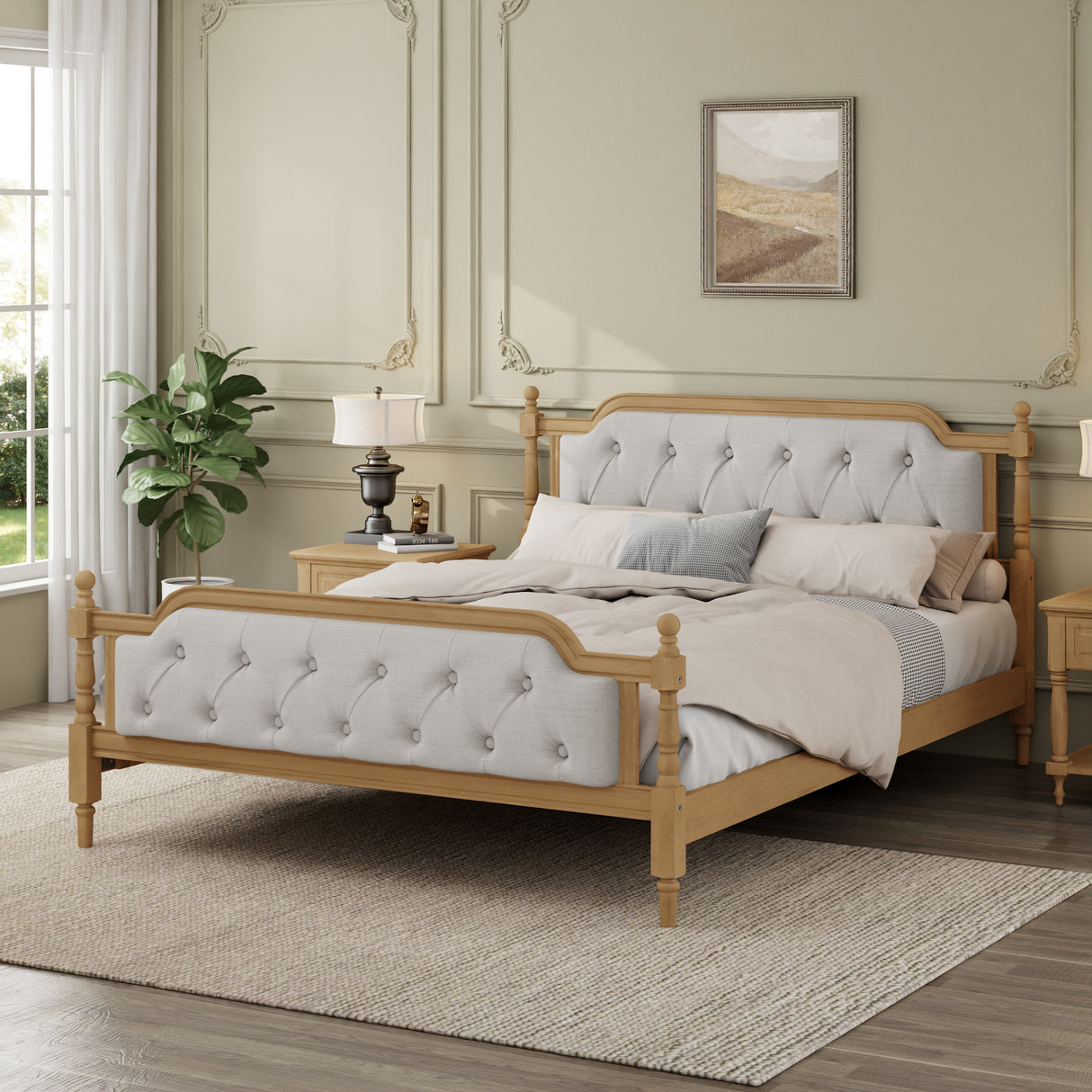 Traditional-Style-Solid-Wood-Bed-Frame-with-Upholstered-Tufted-Headboard,No-Box-Spring-Needed,Queen-Size,-Antique-Walnut-Beds-&-Bed-Frames