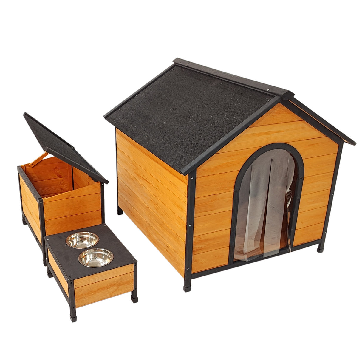 XPT088 Wearable and Strong Wooden Dog House with Metal Bowls and Toy Box