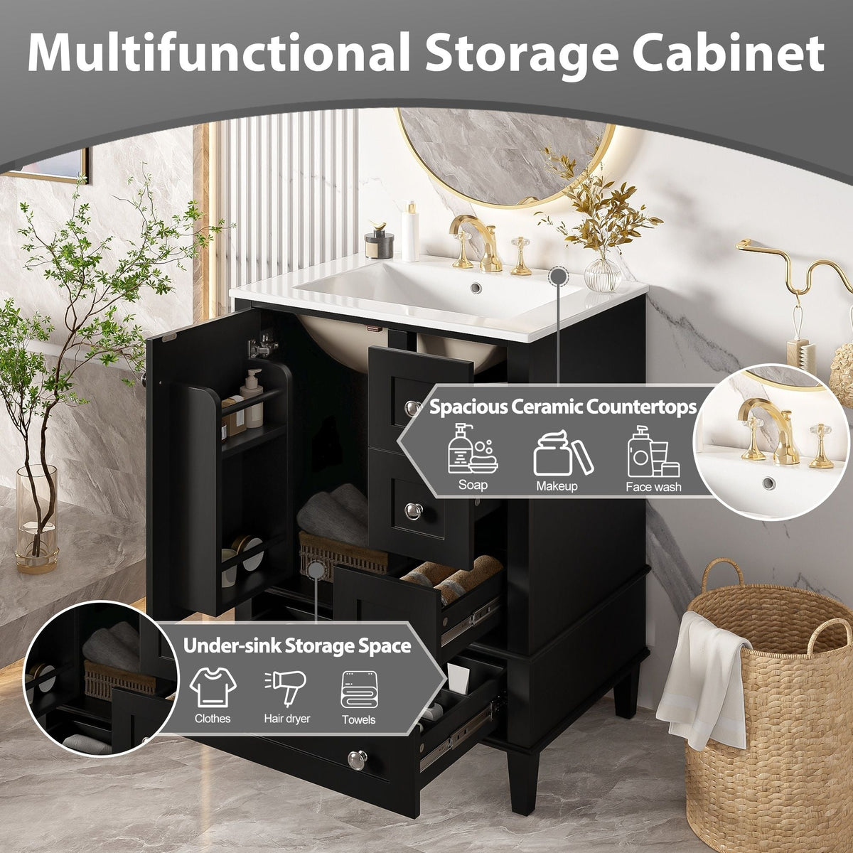 Bathroom Vanity With Integrated Basin, Soft Close Drawers, Door Mounted Double Layer Shelf