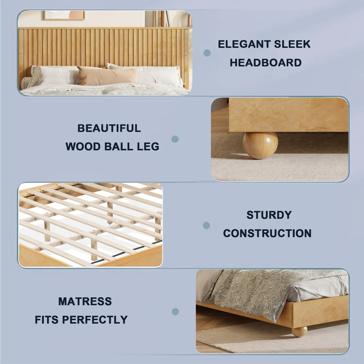 Natural Queen Size Wood Bed Frame With Reeded Headboard