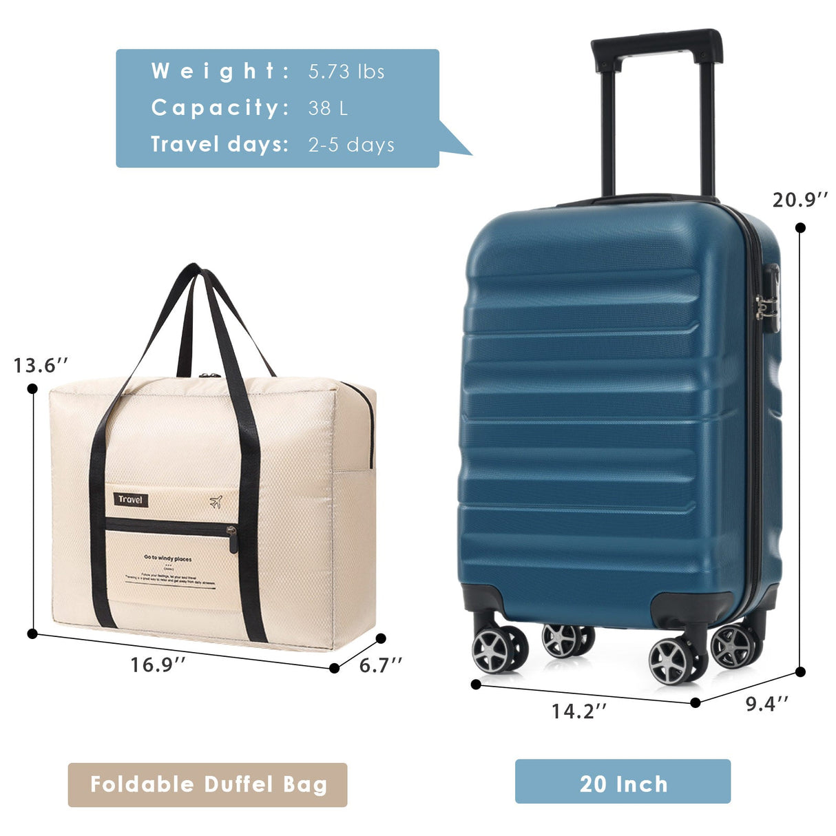 Hardshell ABS Carry-On Luggage Set with Spinner Wheels