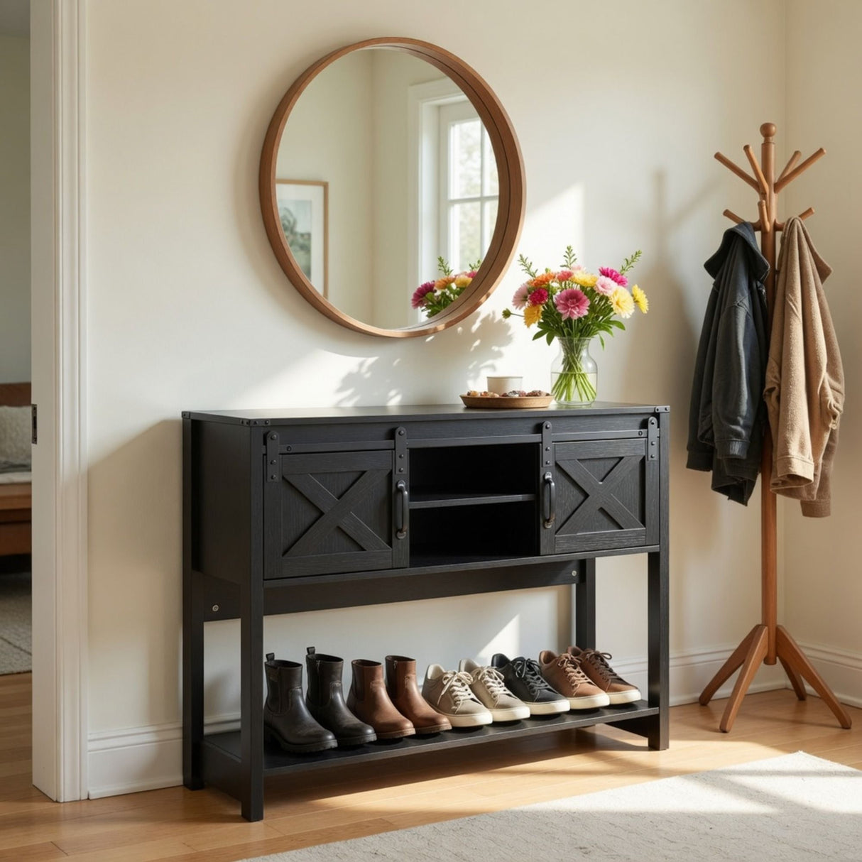 Farmhouse Entryway Table With Sliding Barn Door