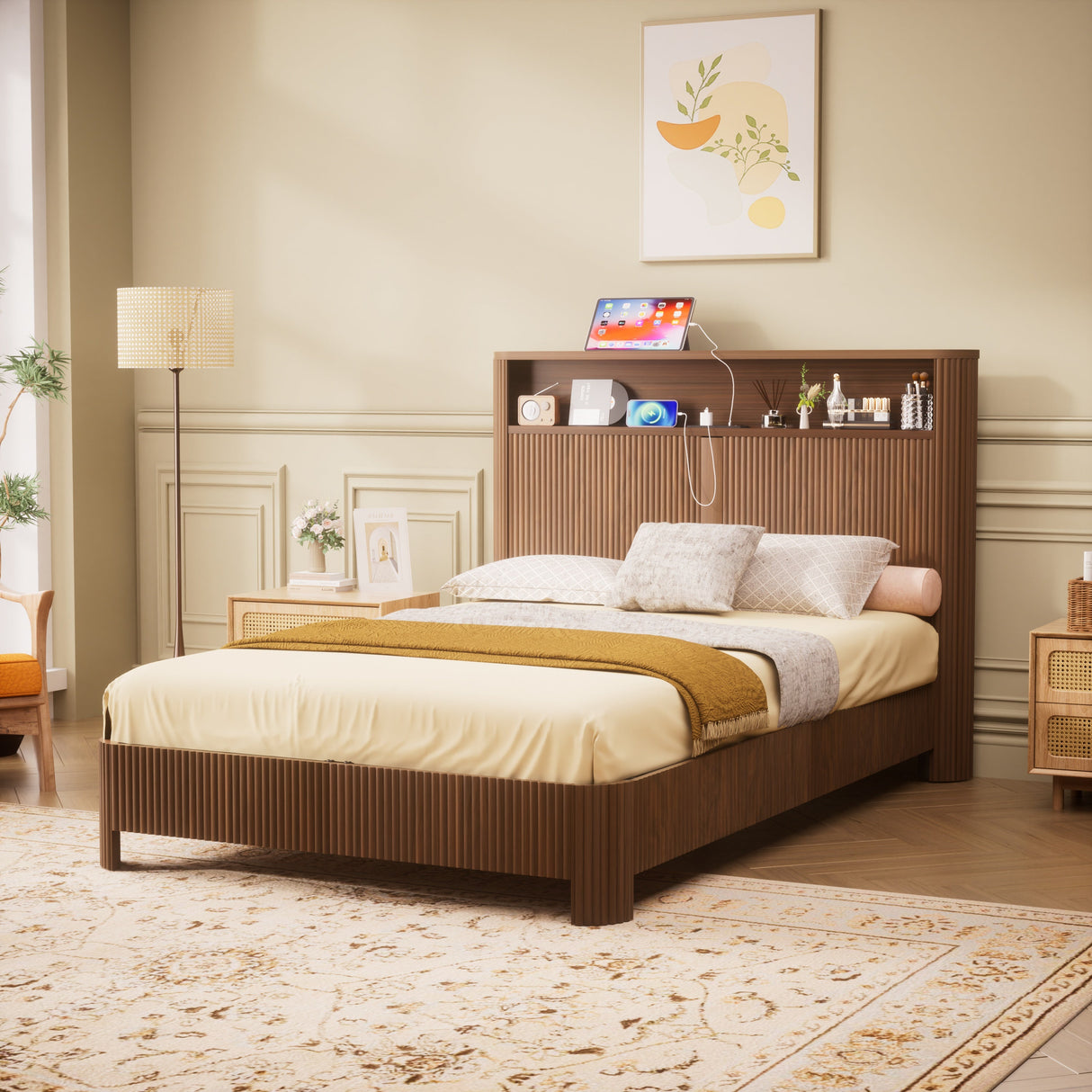 Full Extra Long Bed Frame with Storage Headboard