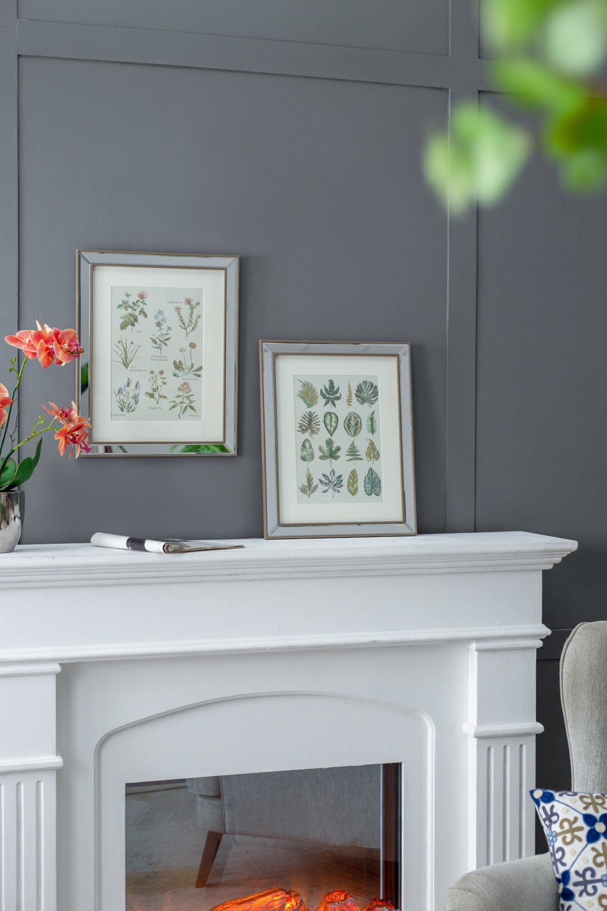 Liana Mirror Framed Wall Art Set with Botanical Designs - Golden Tint