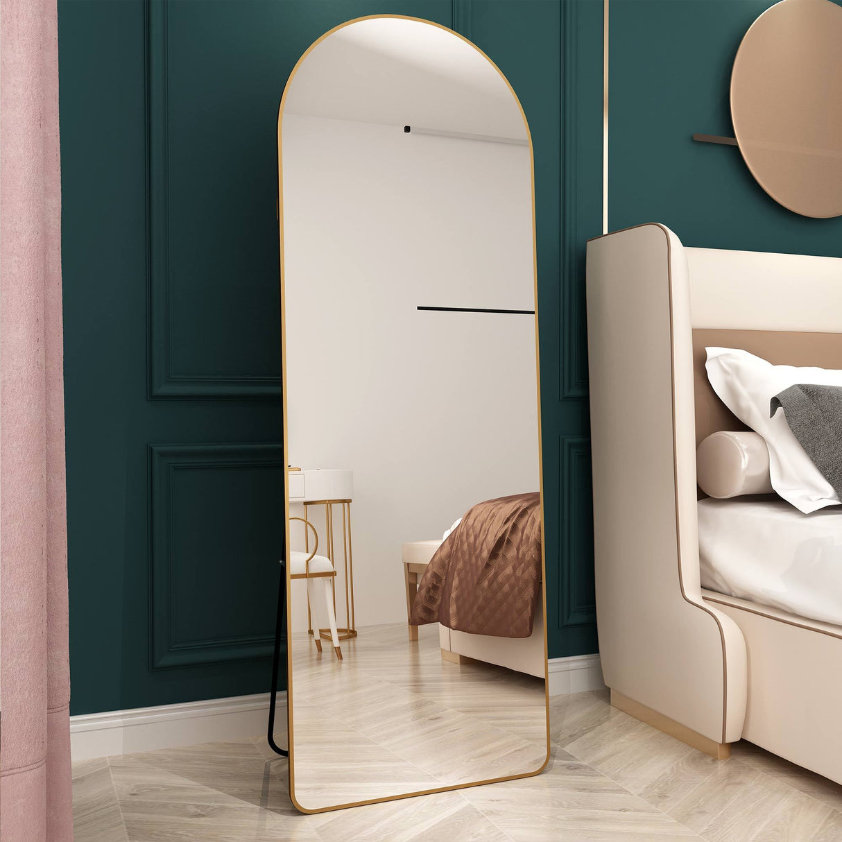 The 4st generation of floor mounted full length mirrors. Aluminum alloy metal frame arched wall mirror, bathroom makeup mirror, bedroom porch, clothing store.Gold Frame.64.9 '* 23.2'