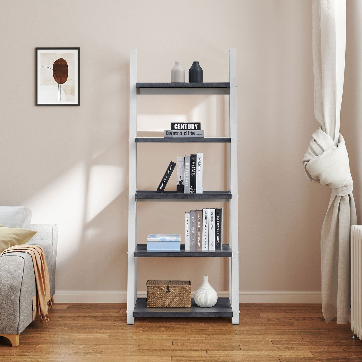 5-Tier Ladder Shelf with Rubber Wood Frame