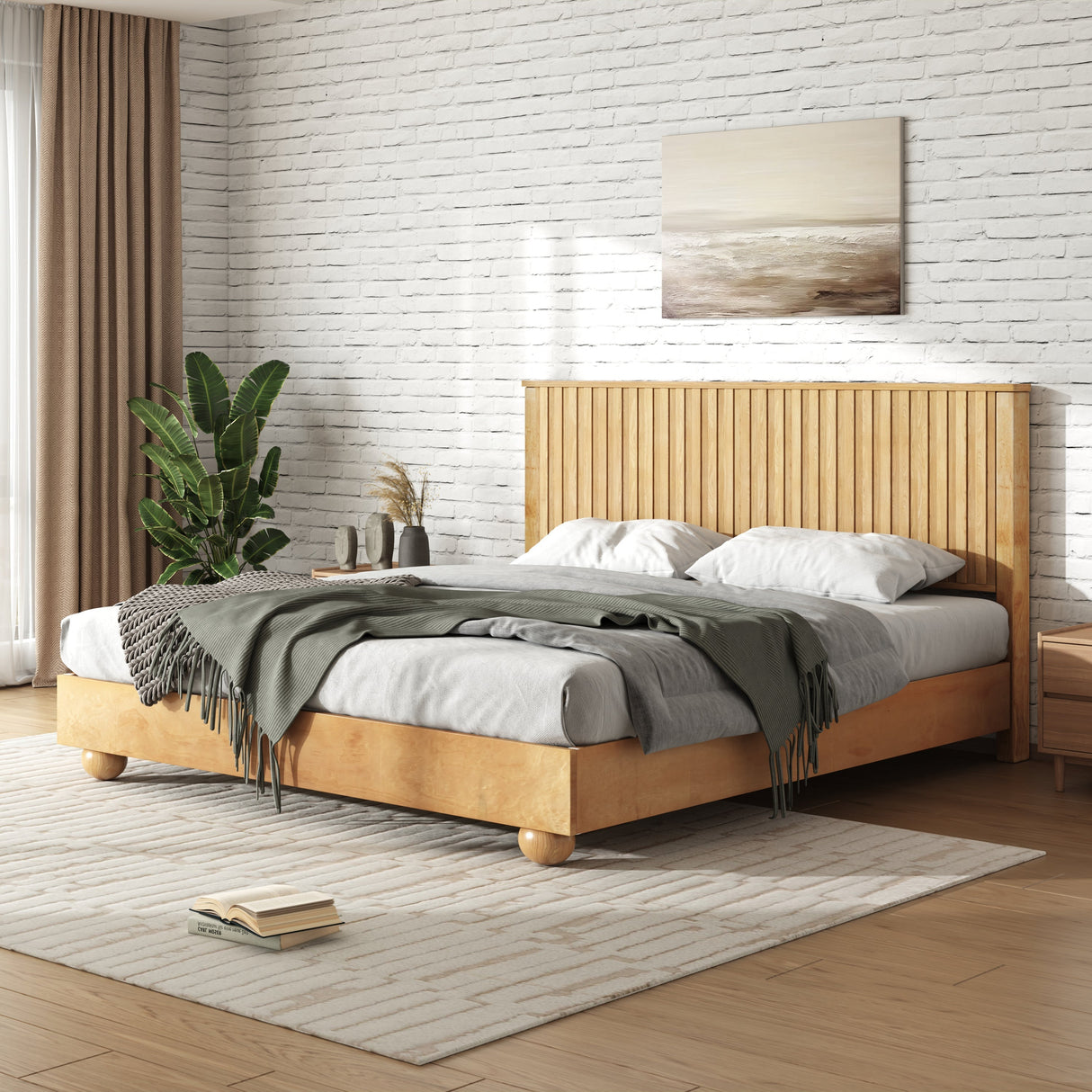 Natural Queen Size Wood Bed Frame With Reeded Headboard