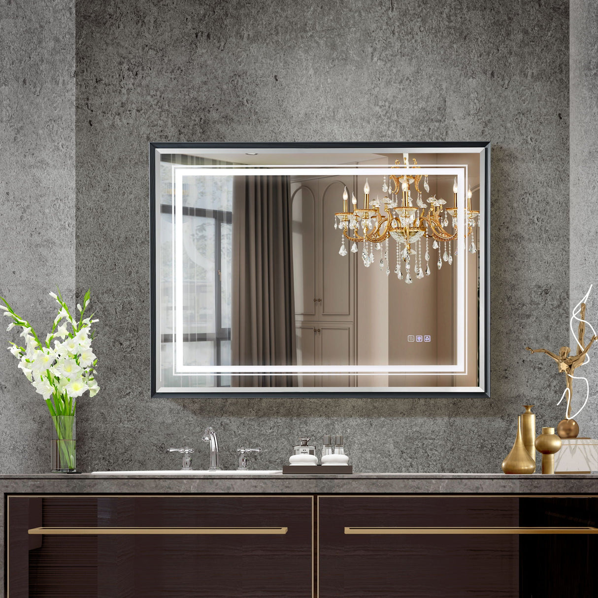 LED Bathroom Beveled Mirror, 3000 - 6000K Gradient Front And Backlit LED Mirror For Bathroom, 3 Colors Dimmable, Ip54 Enhanced Anti Fog