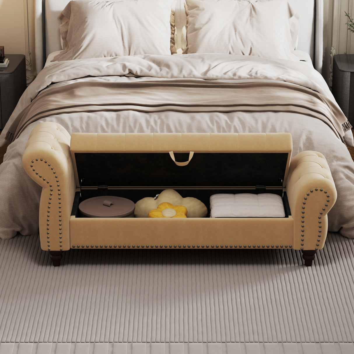 64.5' Velvet Upholstered Bed Bench with Storage and Tufted Nails