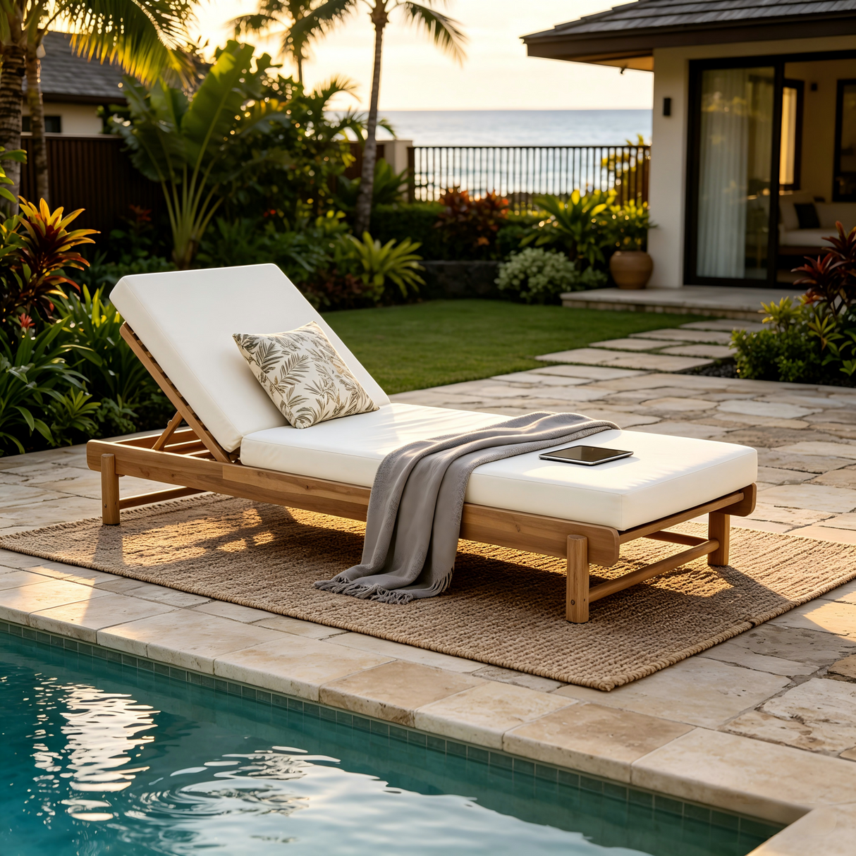 Light Teak Acacia Wood Chaise Lounge Set: 1 Frame + 1 Cushion