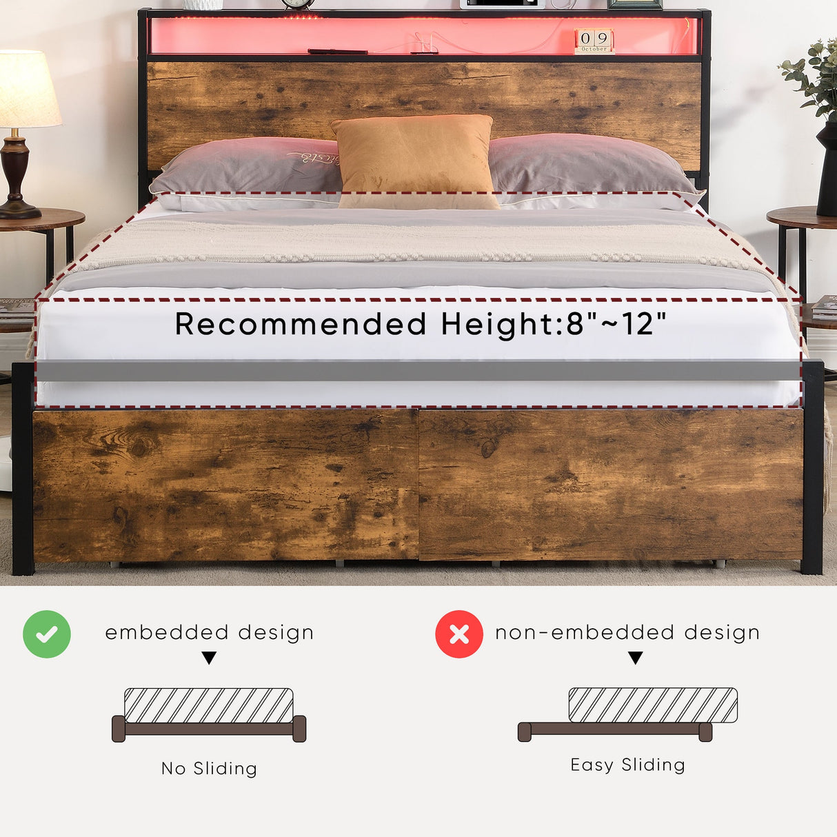 Bed frame with storage, led headboard, drawers & usb port