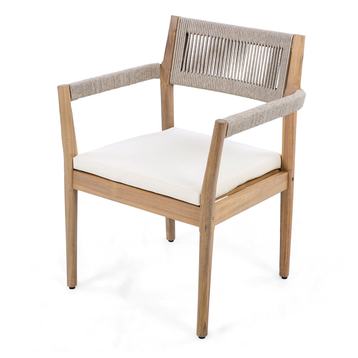Braided Acacia Wood Outdoor Dining Chairs Set of 2 β Teak Look with Beige Rope & Cream Cushions