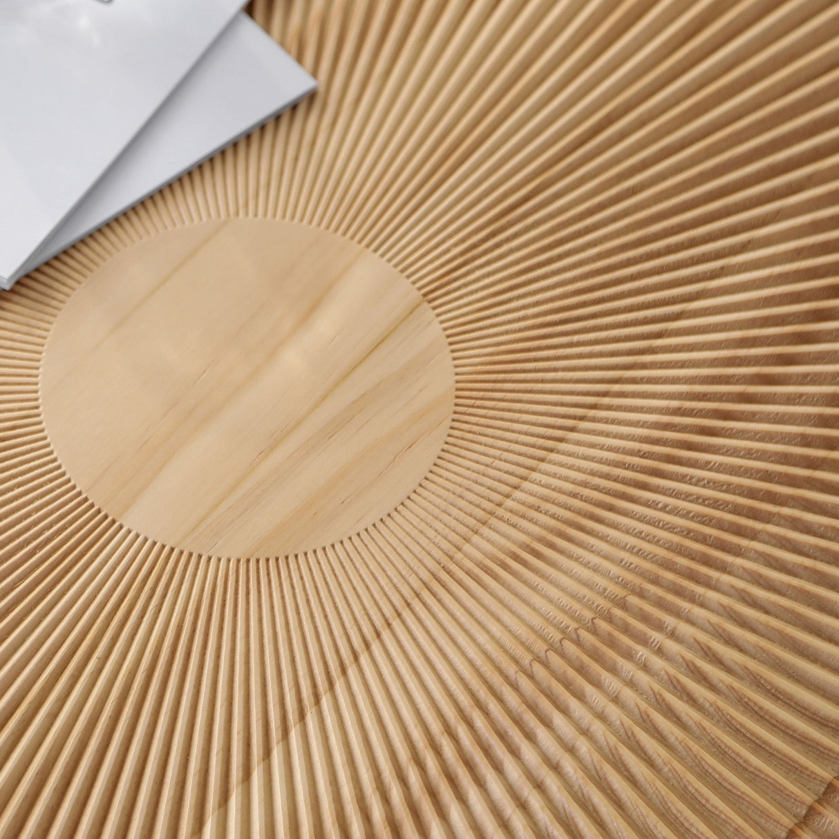 Modern Round Coffee Table with Wooden Carving Pattern and Metal Legs in Golden Natural Finish, Pine and MDF Construction