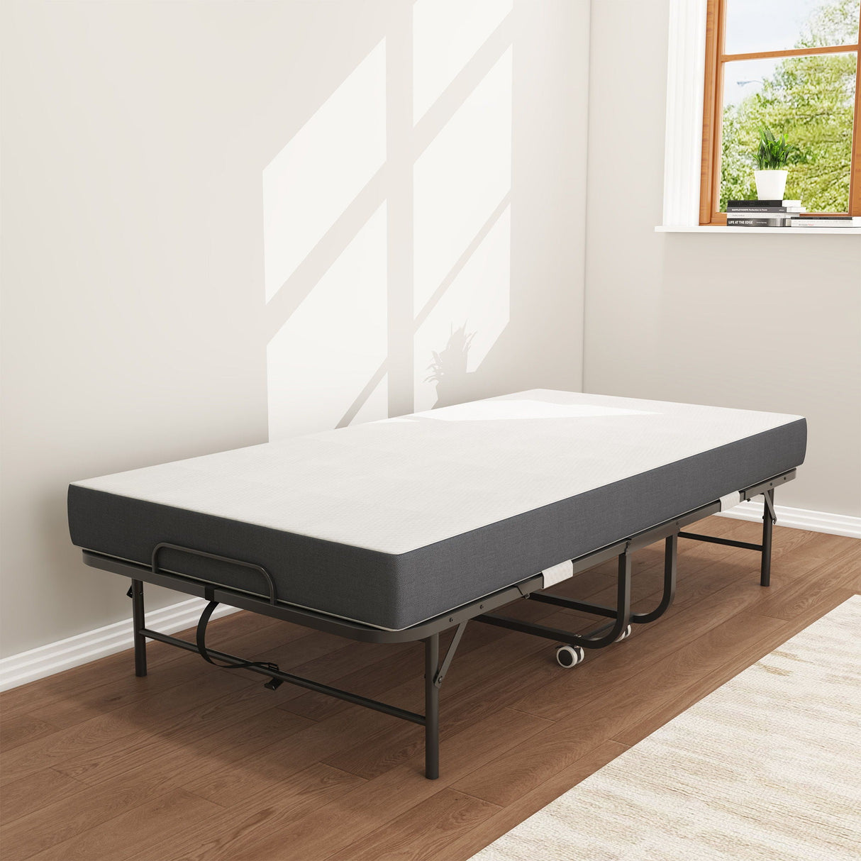 Twin Folding Bed With Memory Foam Mattress Portable Rollaway Bed Sturdy Metal Frame - Brushed Nickel