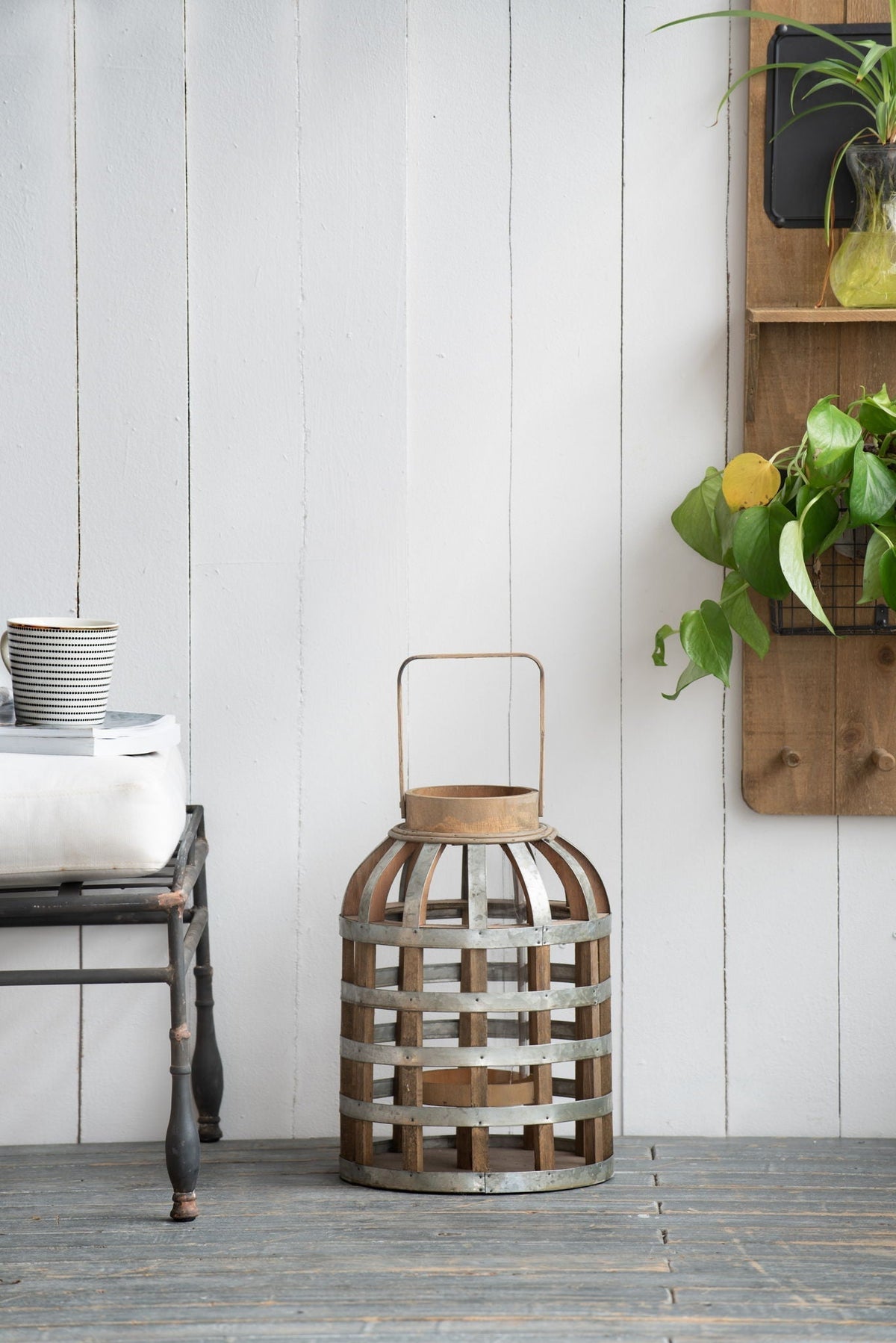 Decorative Wooden Lantern with Handle - Pearl Silver
