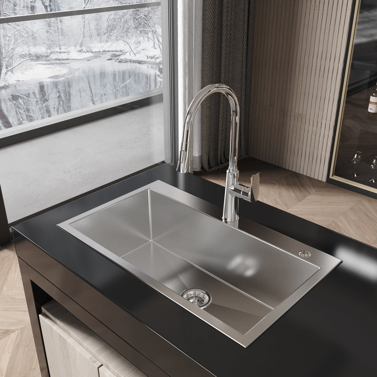 Stainless Steel Kitchen Sink, 32"x19" Single Bowl, Overmount Handmade Brushed Nickel