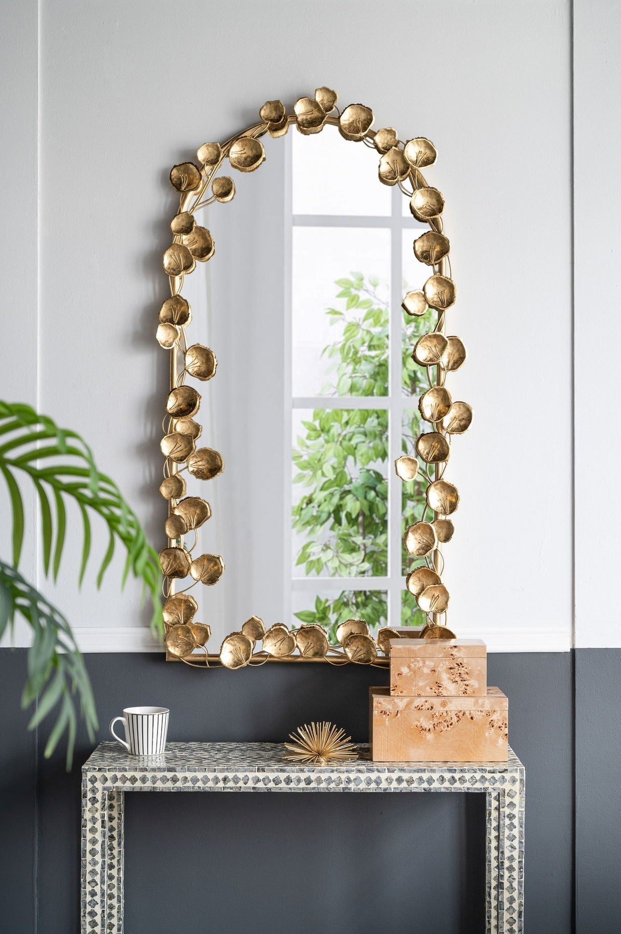 Full Length Arched Wall Mirror With Gold Leaf Accents