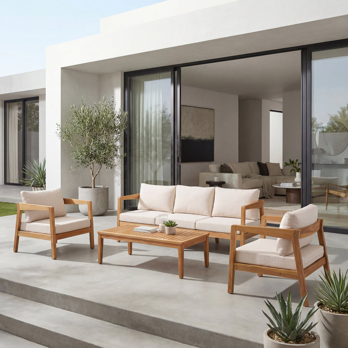 4 Piece Acacia Wood Patio Furniture Set with Soft Cushions