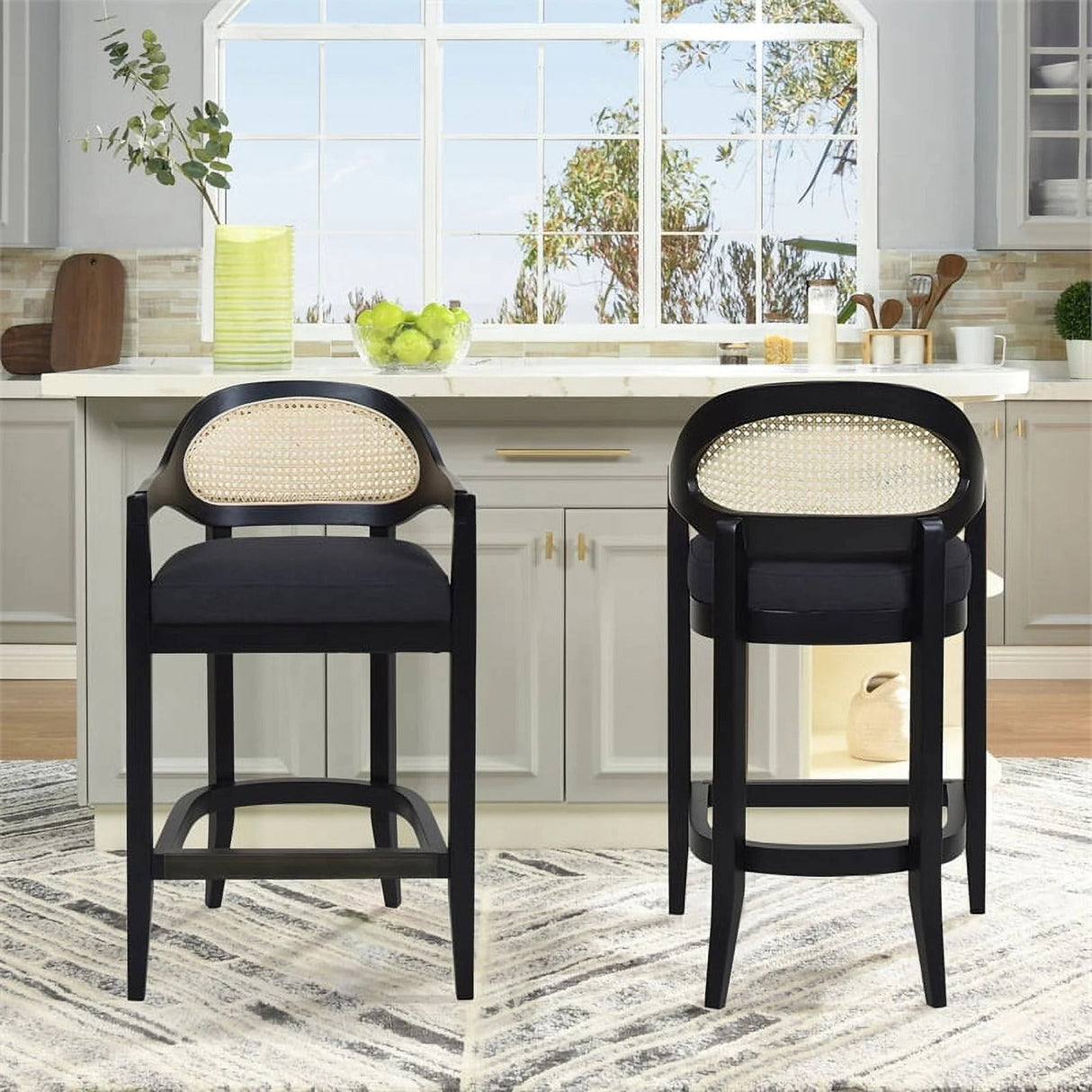 Americana Mid-Century Modern 30.5' Cane Back Bar Stool, Jet Black