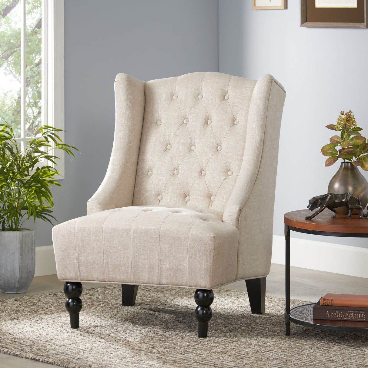 Contemporary Hi Back Club Chair with Wingback Design - Light Beige