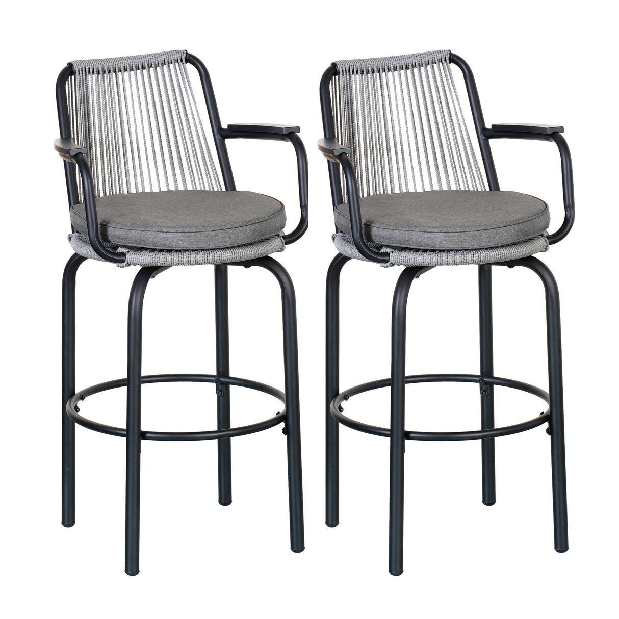 Outdoor Patio Bar Stools 29"H Set of 2, Modern Woven Rattan Rope Bar Height Chair