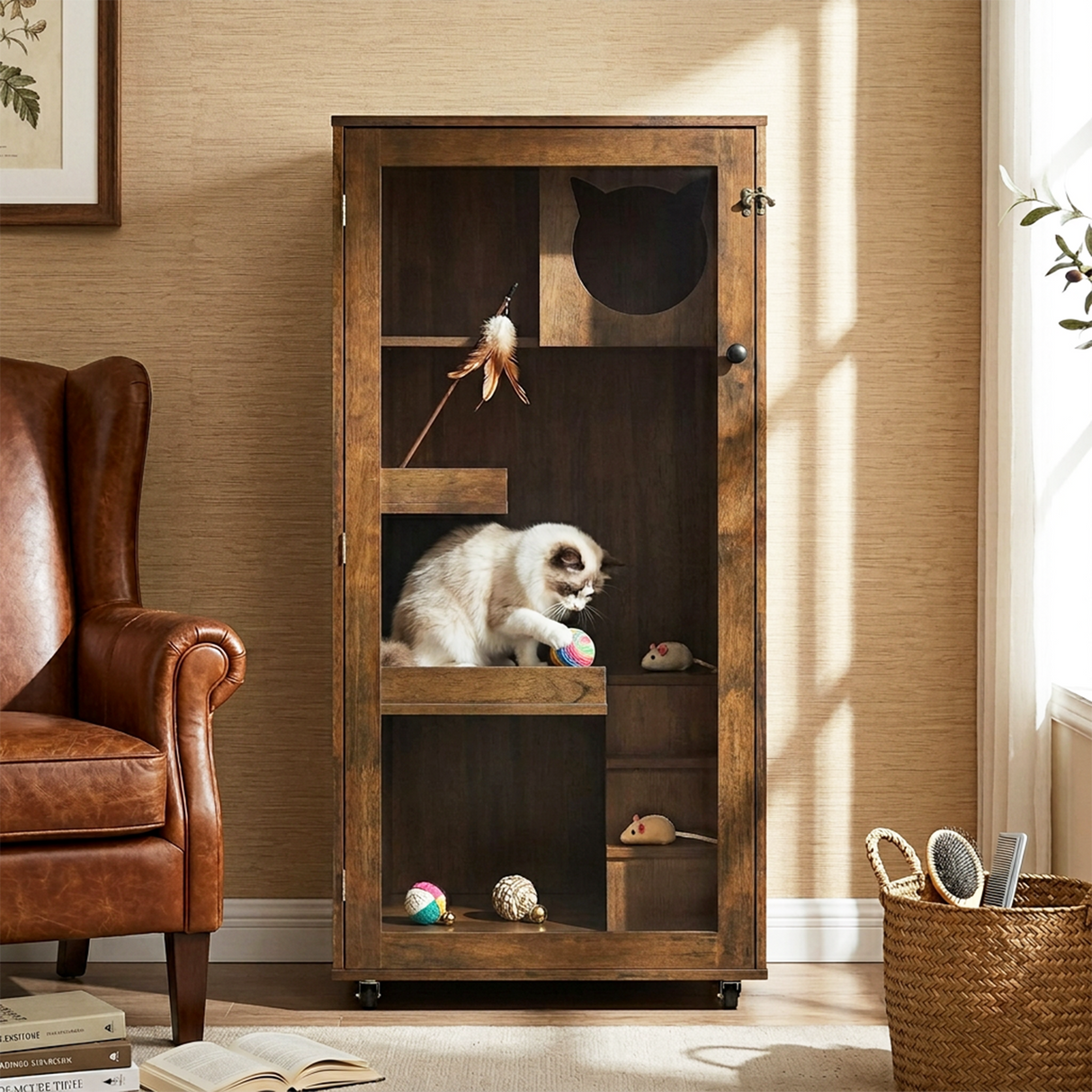 Basia Indoor Rubber Wood Cat Cabinet