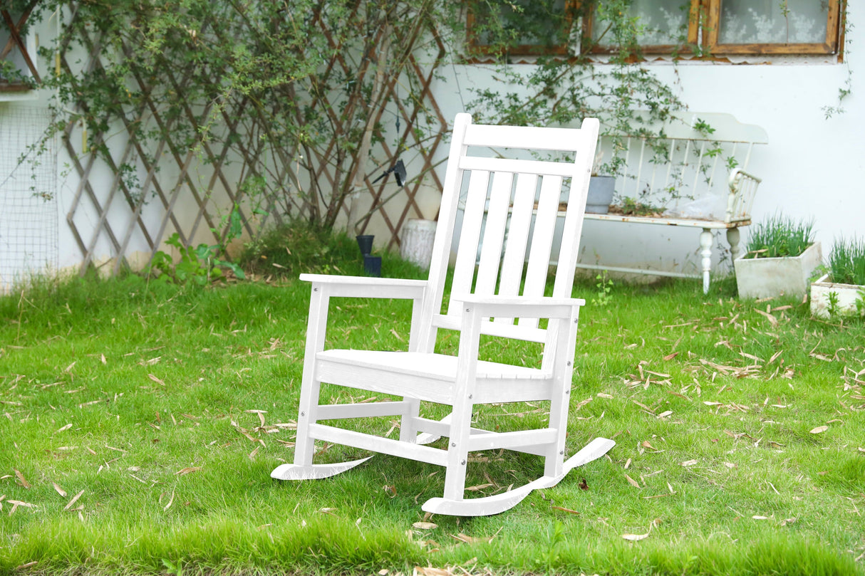 Oversized Rocking Chair with Wood-Texture, Outdoor Rocking Chair for Adults, All Weather Resistant Porch Rocker for Lawn Garden, White